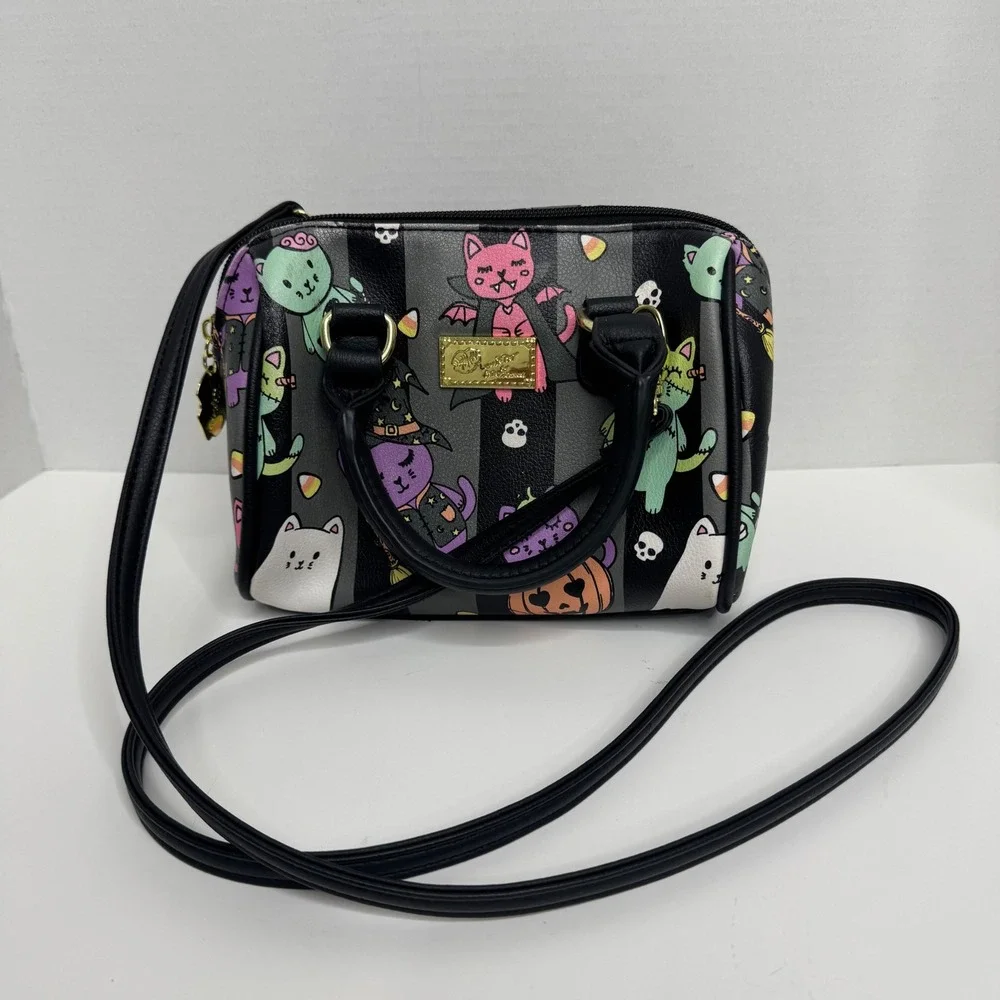 Luv Betsey Johnson Halloween Cat Mini Satchel Crossbody Bag Black Striped Spooky